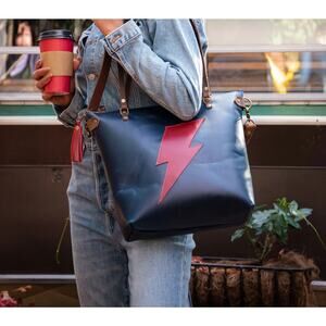 In blue handmade The Stardust Bolt Tote Leather Tote Bag